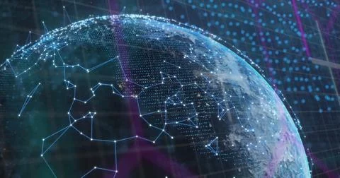 Image of data processing, colorful shapes, globe and connections on black Stock Photos