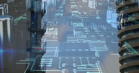 Image of data processing on computer circuit board over modern office buildings 写真素材