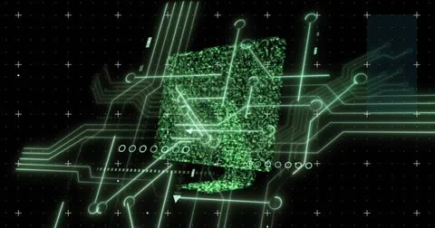Image of data processing with computer circuit board over shape on black Stock Photos