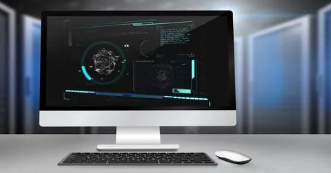 Image of data processing on computer over server room イラスト素材