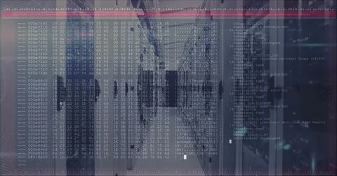 Image of data processing on computer screen tech room with computer servers Stock Photos