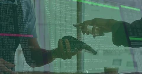 Image of data processing on computer screen, person making contactless payment Foto stock