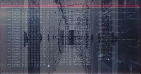 Image of data processing on computer screen tech room with computer servers 스톡 사진