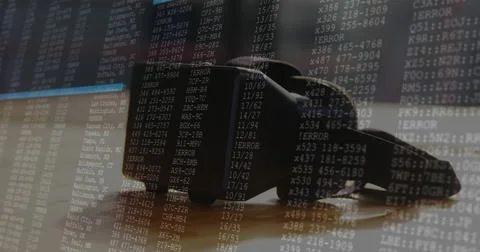 Image of data processing on computer screen over vr headset 스톡 사진