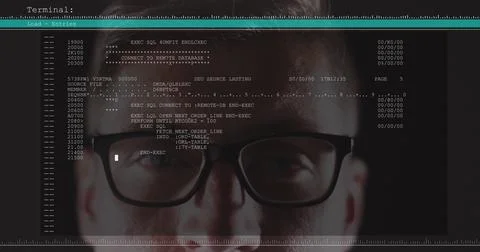 Image of data processing on computer screen over man wearing glasses Foto stock