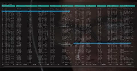 Image of data processing on computer screen over close up of male hacker Foto stock