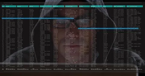 Image of data processing on computer screen over male hacker using computer 스톡 사진