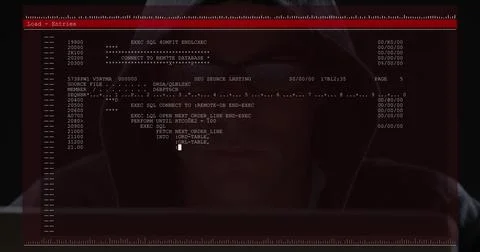 Image of data processing on computer screen over male hacker using computer Foto stock