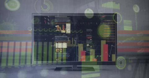 Image of data processing on computer screen and diverse graphs Foto stock