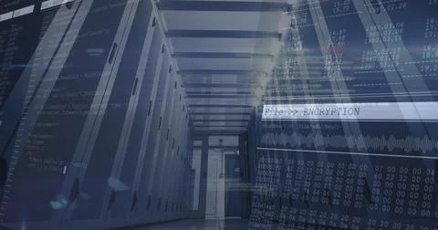 Image of data processing on computer screens over tech room with computer 写真素材