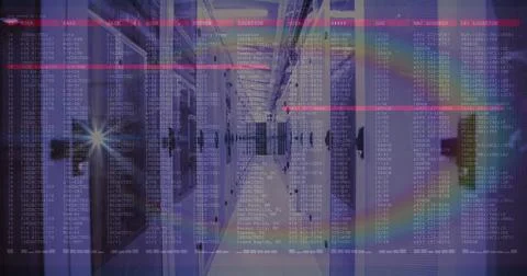 Image of data processing on computer screens over tech room with computer Foto stock