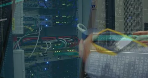 Image of data processing on computer screens over man checking computer server Stock Photos