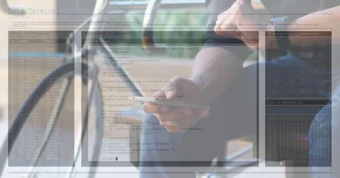 Image of data processing on computer screens over man using smartphone Stock Photos