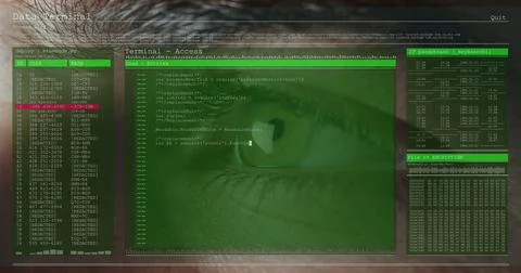 Image of data processing on computer screens over close up of man's eye blinking Stock Photos