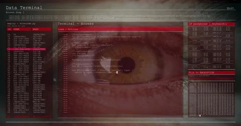 Image of data processing on computer screens over close up of eye blinking Foto stock