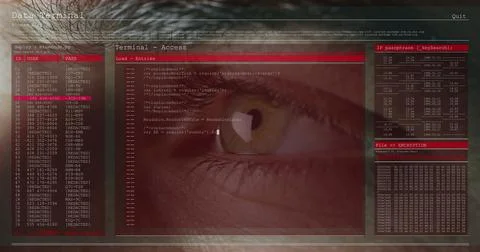 Image of data processing on computer screens over close up of man's eye blinking Stock Photos