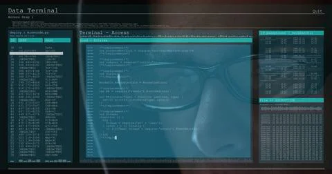 Image of data processing on computer screens over male hacker in hood Stock Photos