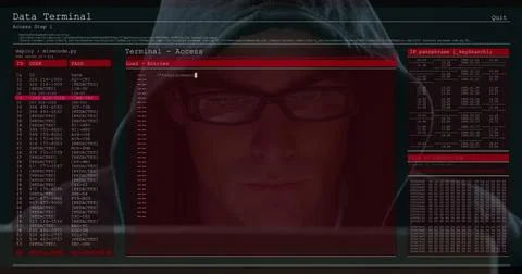 Image of data processing on computer screens over male hacker using computer 스톡 사진
