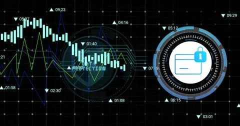Image of data processing with credit card icon over black background Illustrazione stock
