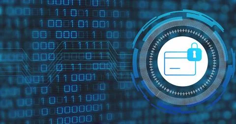 Image of data processing with credit card icon over blue background Illustrazione stock