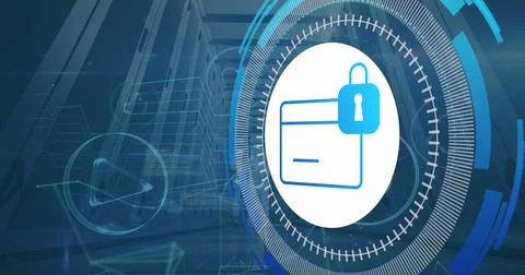 Image of data processing with credit card icon over server room Illustrazione stock
