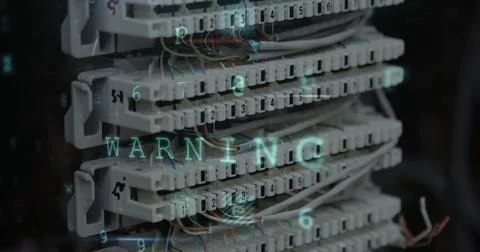Image of data processing with cyber attack warning over computer server Illustrazione stock