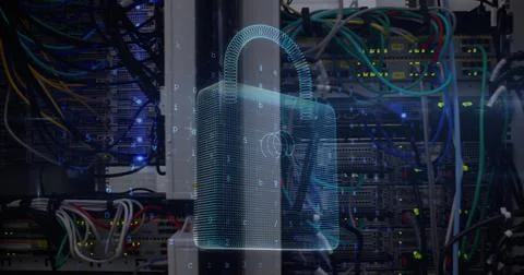 Image of data processing with cyber attack warning over padlock and computer 스톡 일러스트