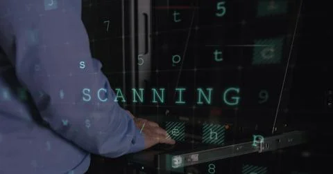 Image of data processing with cyber attack warning over technician and computer 库存插图