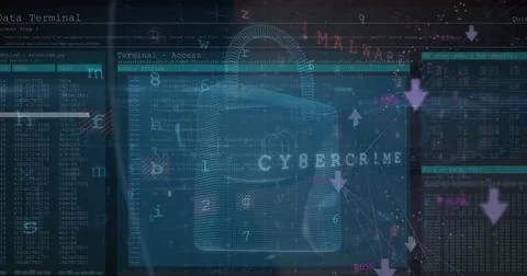 Image of data processing, cyber attack and digital padlock over black background Stock Illustration