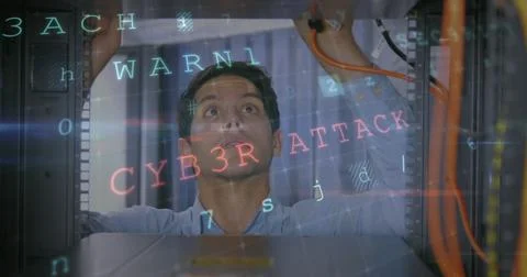 Image of data processing with cyber attack warning over technician and computer Stock Photos