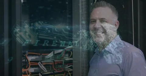 Image of data processing with cyber attack warning over technician and computer Foto stock