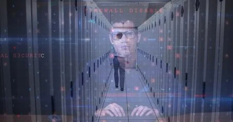 Image of data processing with cyber attack warning over hacker and computer Foto stock