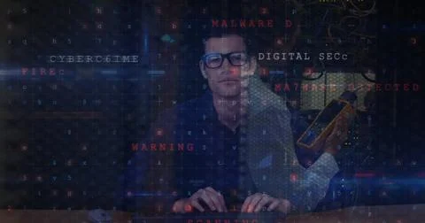 Image of data processing with cyber attack warning over hacker and computer Stock Photos