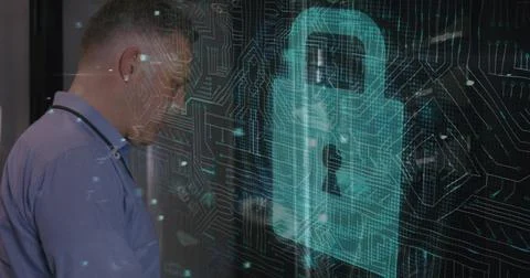 Image of data processing with cyber attack warning over technician and computer Stock Photos