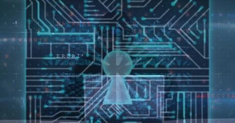 Image of data processing, cyber crime and digital padlock over hacker on navy Stockillustratie