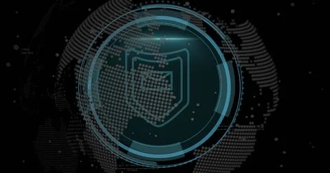 Image of data processing with cyber security text over globe on black background Stock Photos