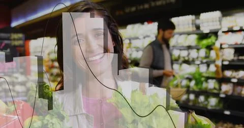 Image of data processing on diagram over caucasian woman picking vegetables in Stock Photos