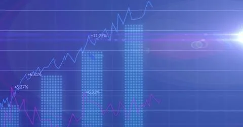 Image of data processing with diagrams and light spots over blue background Foto stock