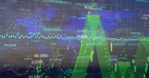 Image of data processing, diagrams and world map over cityscape 스톡 사진