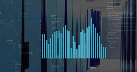 Image of data processing with diagrams over server room Stockfoto's