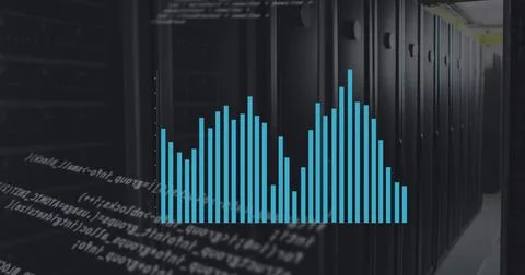 Image of data processing with diagrams over server room 스톡 사진