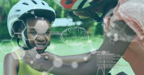 Image of data processing with digital brain over african woman and her son .. Stock Photos