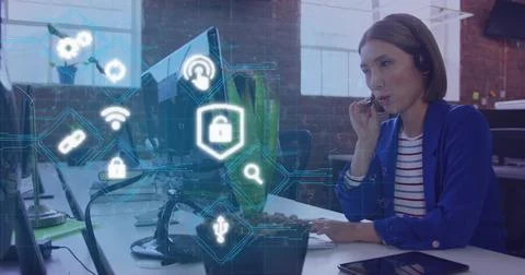 Image of data processing with digital icons over asian businesswoman in office Foto stock