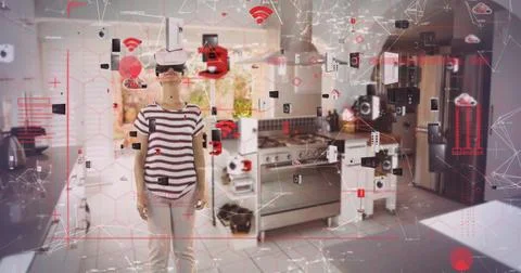 Image of data processing with digital icons over woman wearing vr headset in 스톡 사진