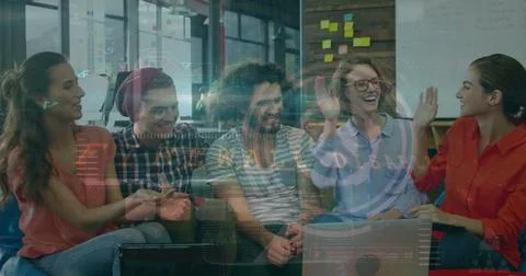 Image of data processing on digital screen over diverse female and male Foto stock