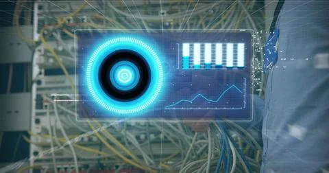 Image of data processing on digital screen over hands of caucasian man holding Stock Photos