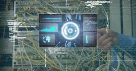 Image of data processing on digital screen over hands of caucasian man holding Stock Photos