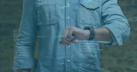 Image of data processing on digital screen over midsection of caucasian man Stock Photos