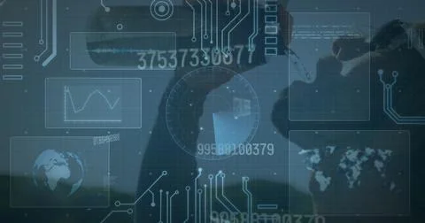 Image of data processing on digital screen over caucasian man drinking water Foto stock