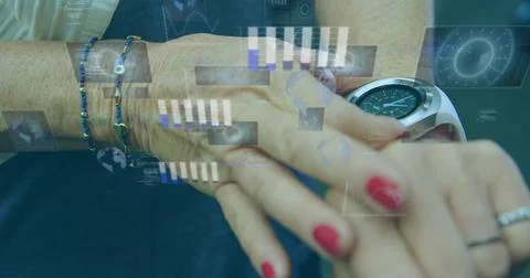 Image of data processing on digital screen over hands of caucasian woman using Stock Photos
